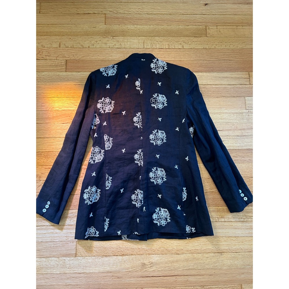 BCBG Paris Vintage Black 100% Linen Floral Embroidered Blazer Jacket Size 10 - Picture 10 of 11